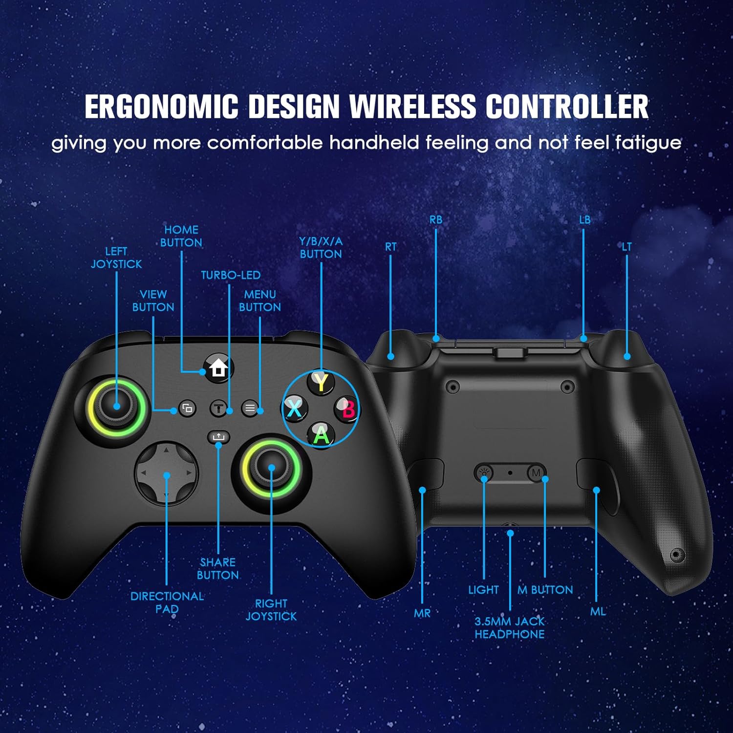 Wireless Controller for Xbox, Compatible with Xbox Series X/S/One/Pc, with 2 Silicone Thumb Grips, Hall Effect Joysticks, 2.4Ghz Wireless Adapter Gamepad with RGB Light, Dual Vibration, TURBO