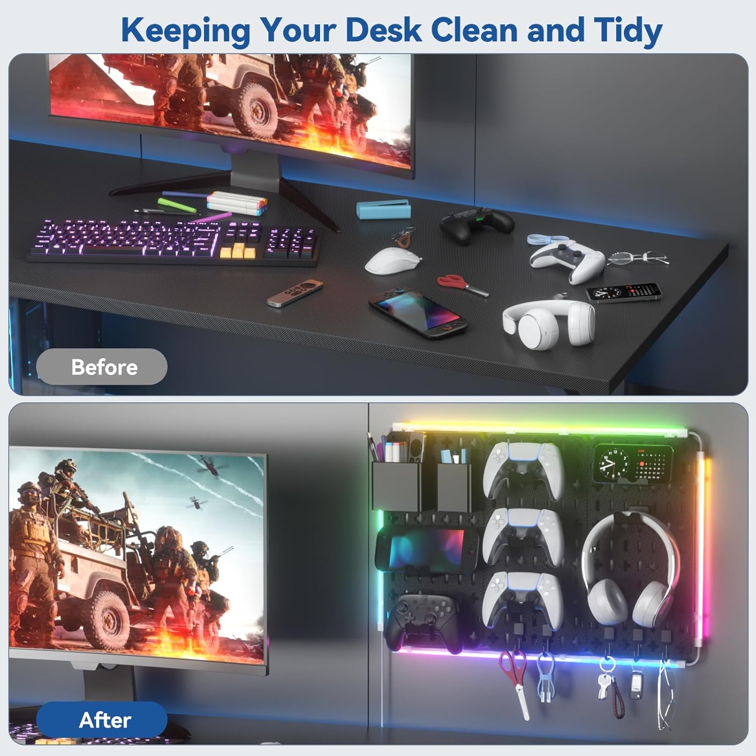 Wall Organizer Peg Board - 7 in 1 Gaming Pegboard Accessories with RGB Led Strip
