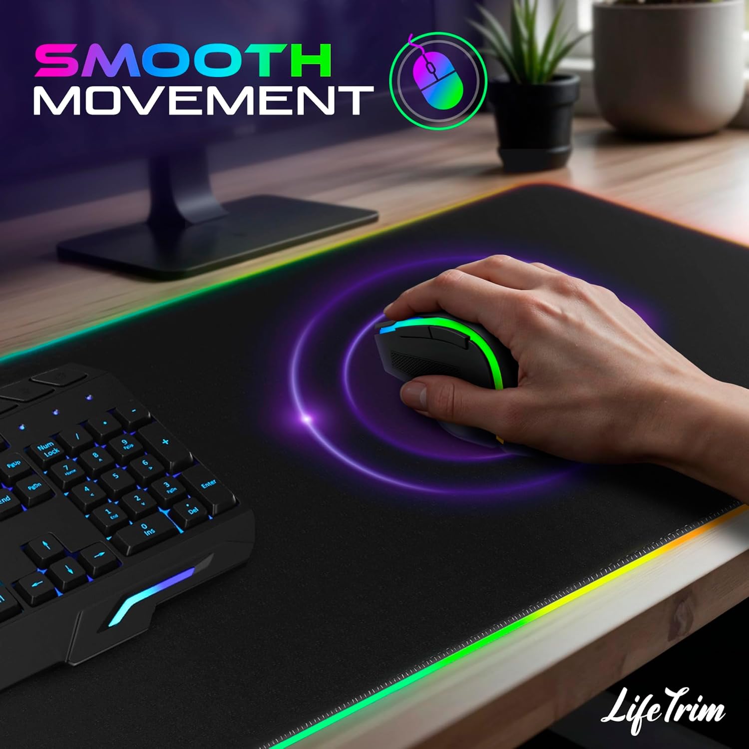 RGB Wireless Charging Gaming Mouse Pad, 35.5 x 12 Inch LED Desk Mat with 10 Lighting Modes, XXL Non-Slip Mousepad with Qi Fast Charging for Keyboard, Mouse, and Phones