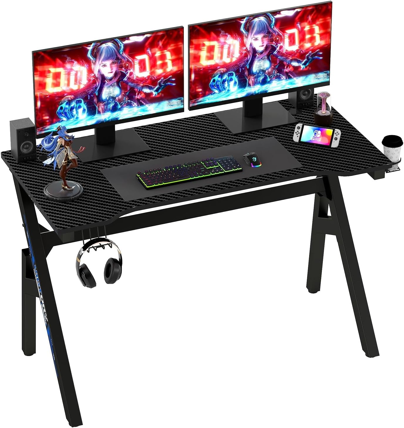 47 Inch Gaming Desk, Carbon Fiber Computer Desk with Steel Frame, Cup Holder and Headphone Hook, Cable Management Holes, Adjustable Leg Pads, Black and Blue SEO-Optimized Description