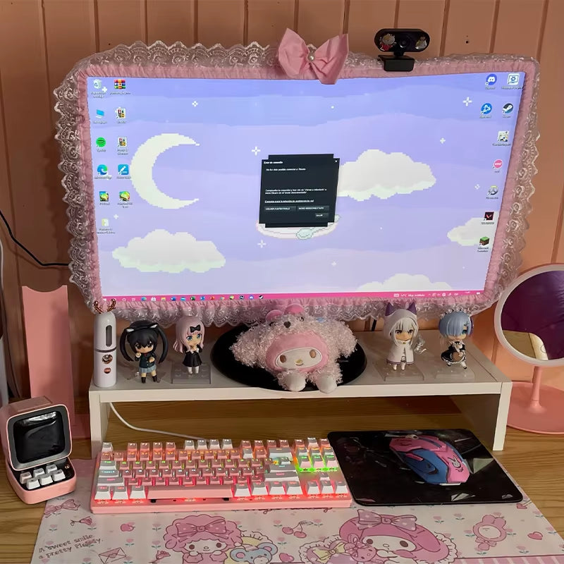 Lace Fabric Computer Monitor Dust Cover with Elastic Fit, Decorative Screen Cover with Pen Pocket and Bow, for 17 to 32 Inch Monitors and Laptop