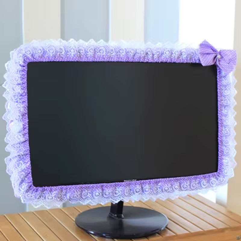 Lace Fabric Computer Monitor Dust Cover with Elastic Fit, Decorative Screen Cover with Pen Pocket and Bow, for 17 to 32 Inch Monitors and Laptop
