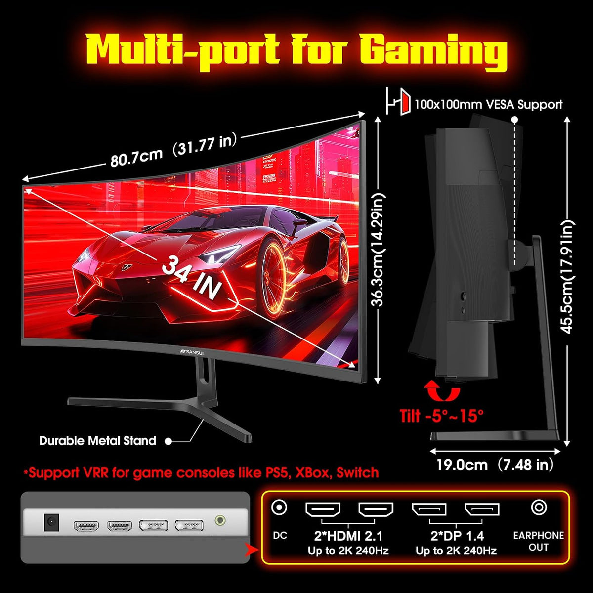 SANSUI 34" 240Hz Curved Ultrawide Gaming Monitor, 3440x1440 UWQHD, 1ms, FreeSync, HDR