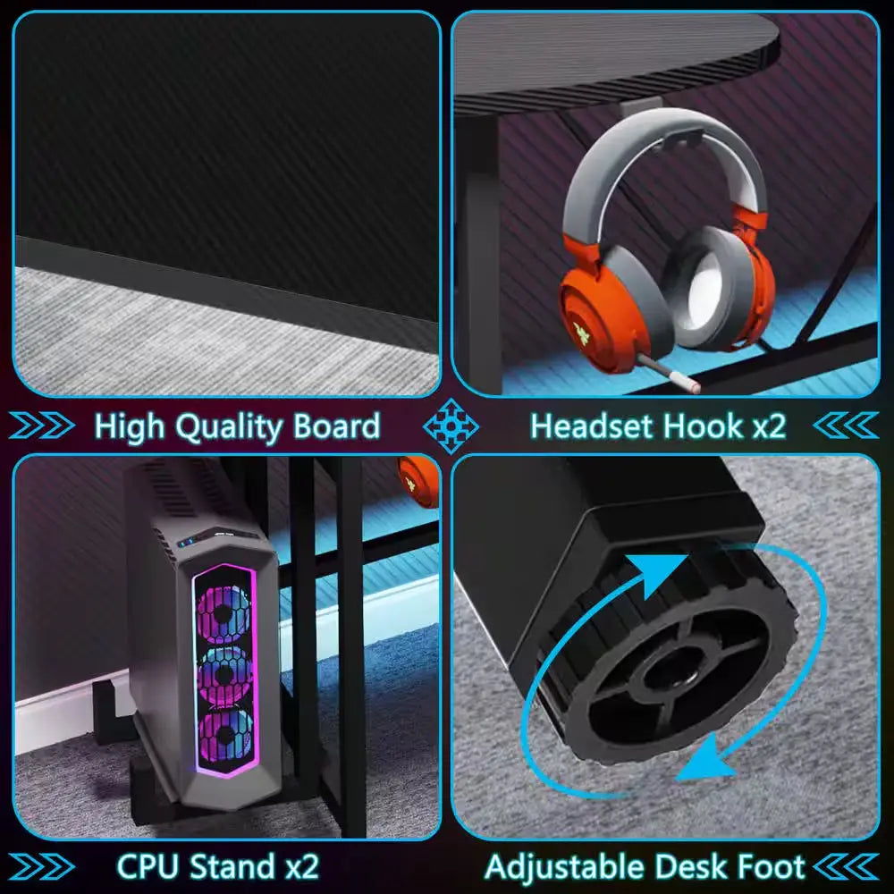 Halseey 75 In. Black Wood and Metal Computer Desk Writing Gaming Desk with Led Strip Monitor Stand