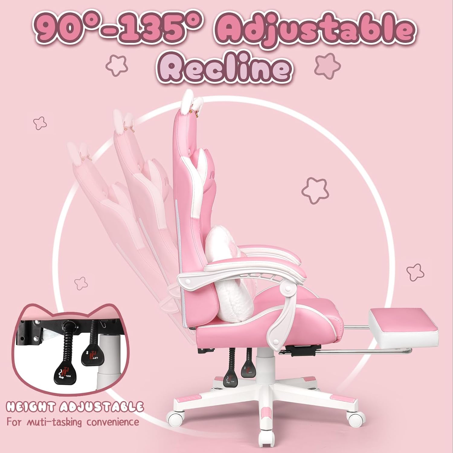 Pink Gaming Chair Cute with Cat Ears and Cat Paw Lumbar Cushion, Ergonomic Computer Chair for Girl with Footrest and Headrest, Comfortable Reclining PC Game Chair for Adult, Teen, Pink