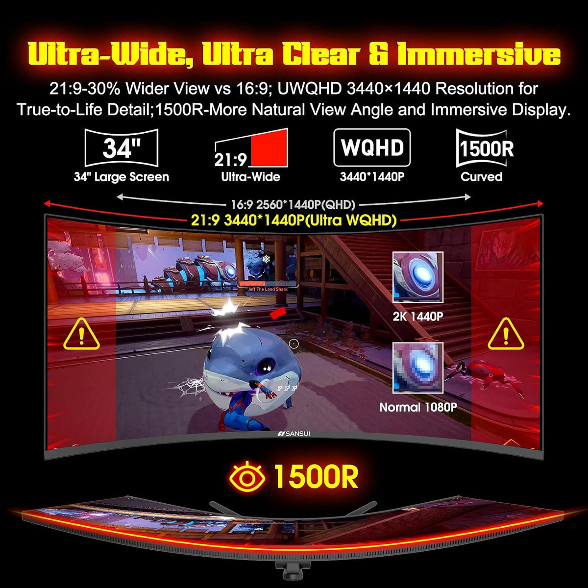 SANSUI 34" 240Hz Curved Ultrawide Gaming Monitor, 3440x1440 UWQHD, 1ms, FreeSync, HDR