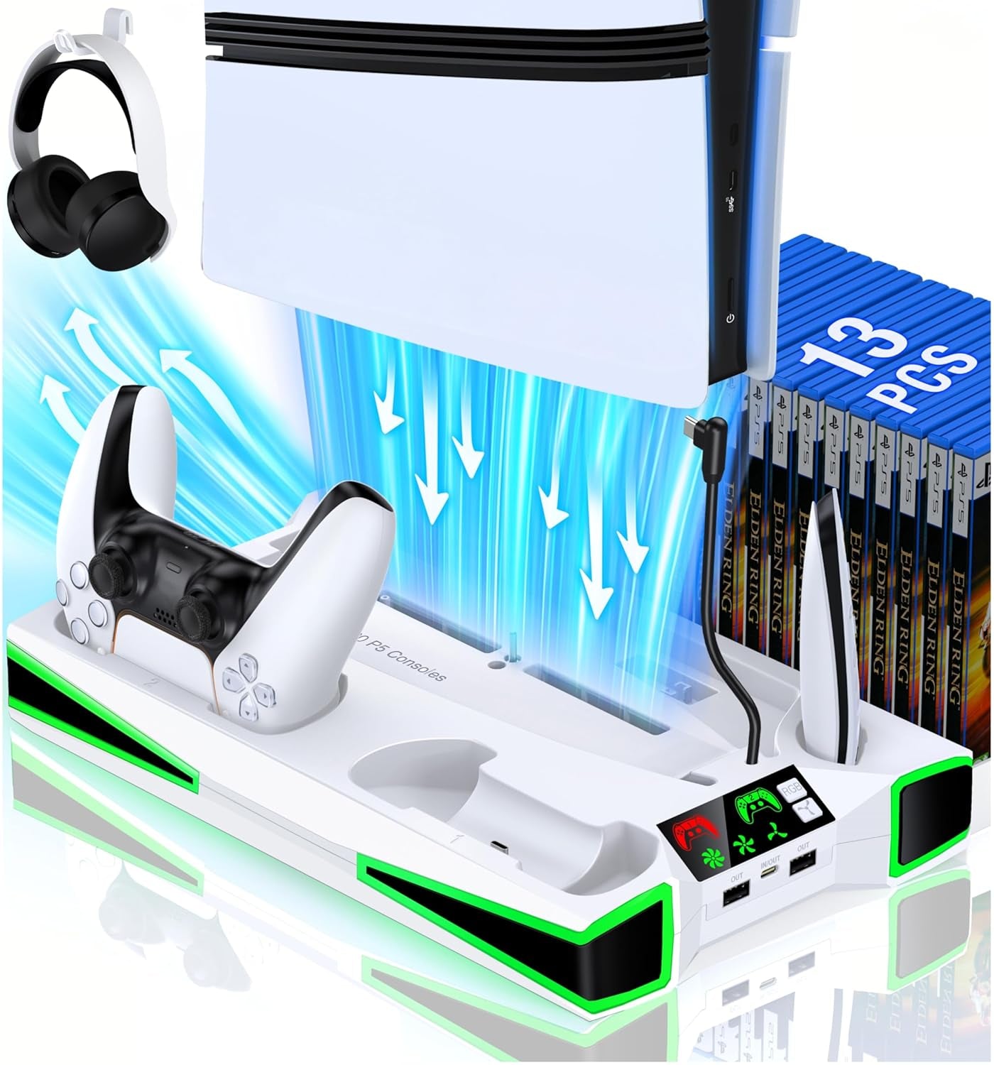 PS5 Stand, Vertical Cooling Station for PS5/PS5 Slim Console with 3-Level Ultra Cooling Fan, PS5 Accessories Dual Controller Charger, 3 Charger Ports, Headset Holder, Dynamic Light