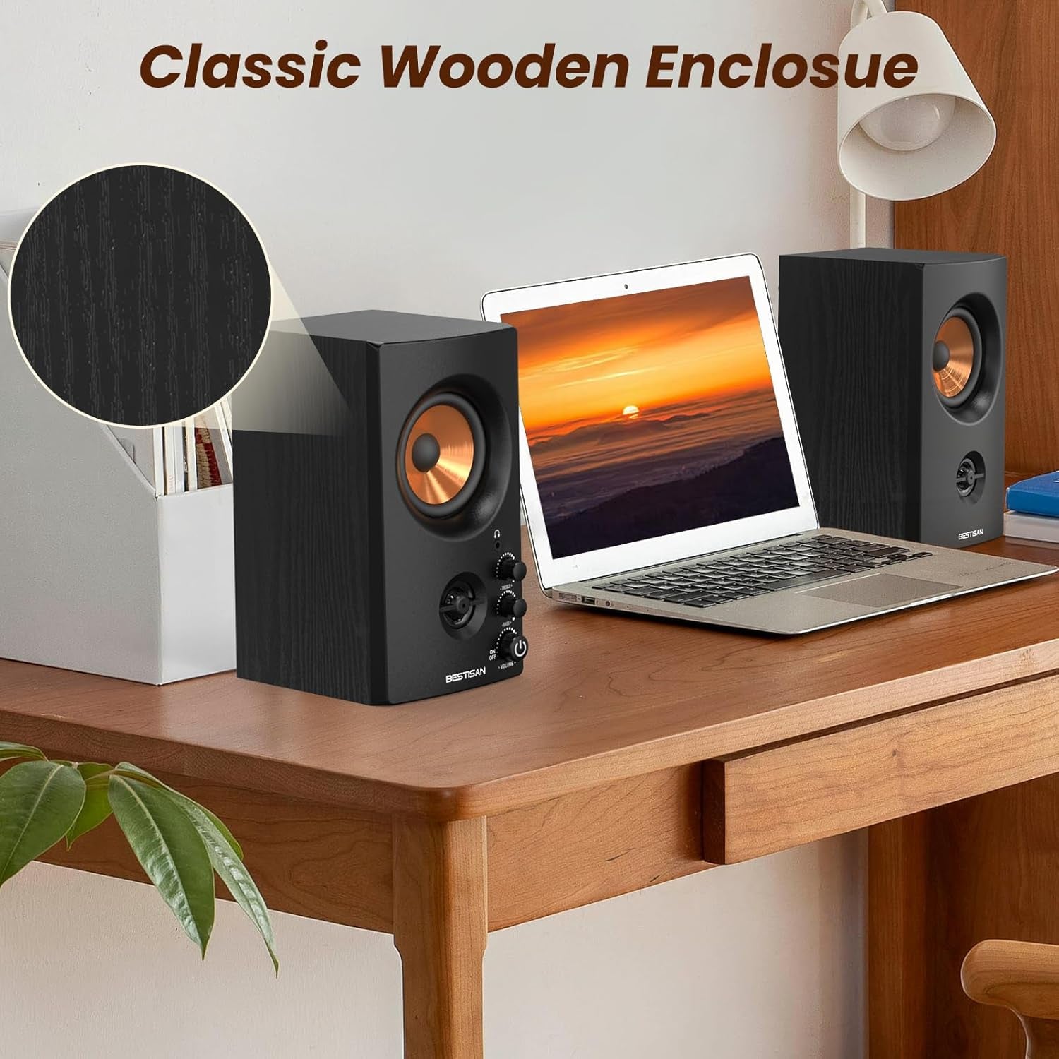 Active Bookshelf Speakers, 50W BT Home Speakers, 3’’ Woofer, 1’’ Silk Dome Tweeter PC Speakers, RCA Speakers for Desktop/Turntable/Tv, Bass & Treble Adjustable, Headphone Port for Gaming