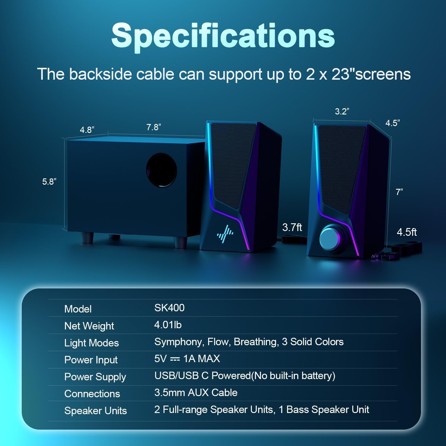 2.1 Computer Speakers with Subwoofer, USB and USB C Powered, RGB Lighting