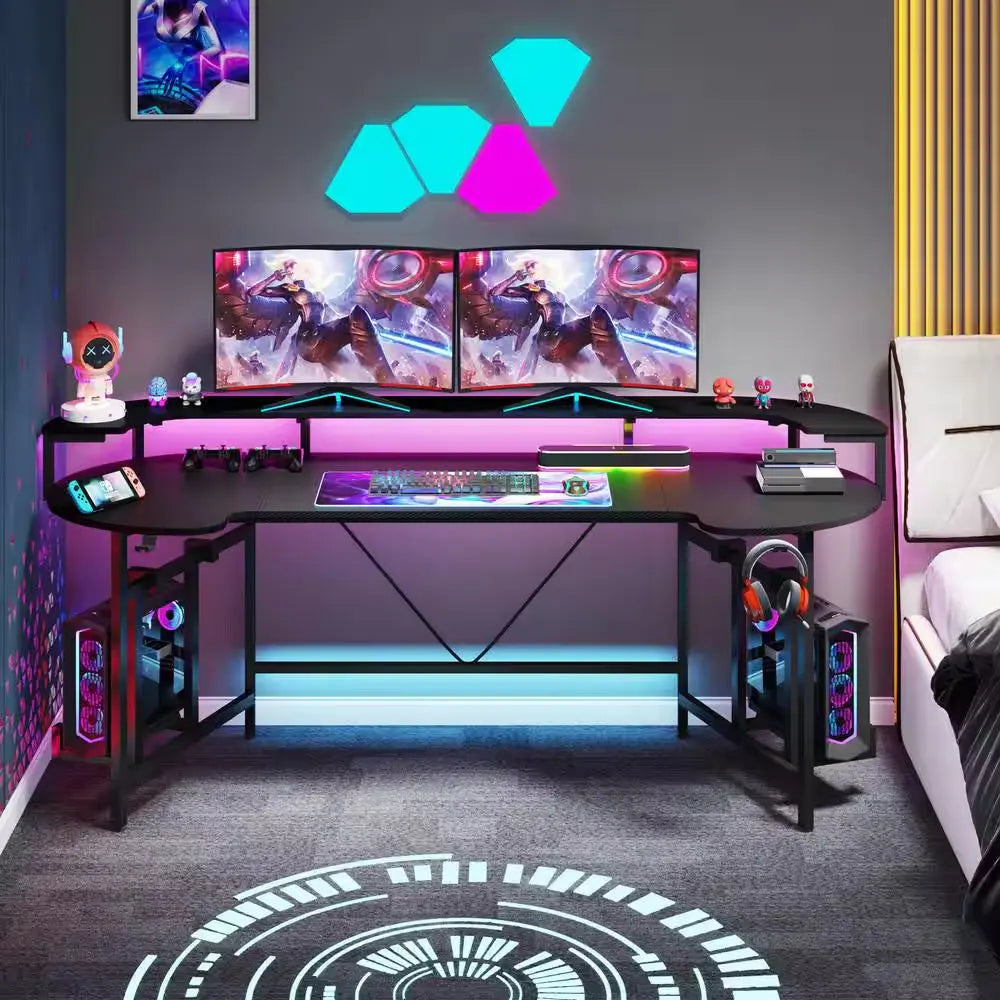 Halseey 75 In. Black Wood and Metal Computer Desk Writing Gaming Desk with Led Strip Monitor Stand