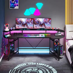 Halseey 75 In. Black Wood and Metal Computer Desk Writing Gaming Desk with Led Strip Monitor Stand