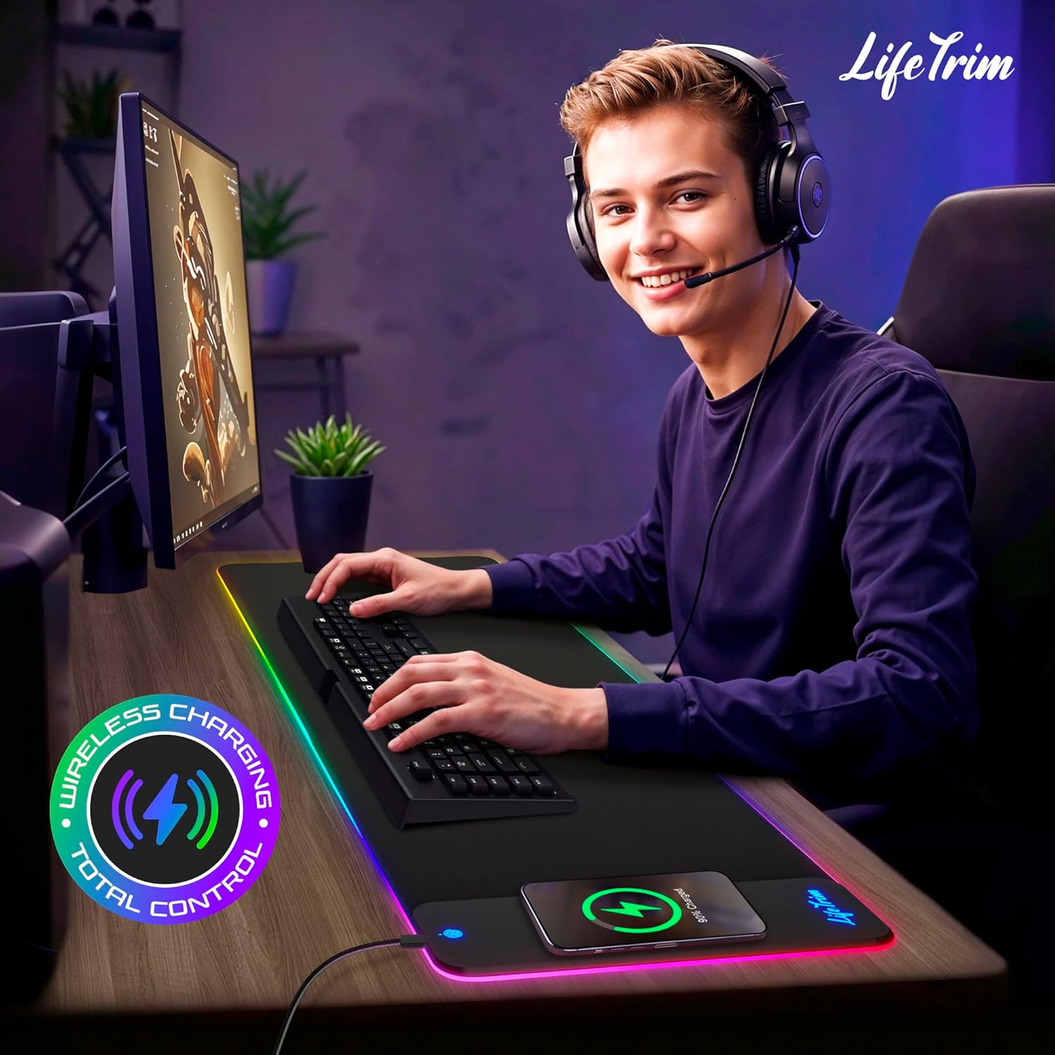 RGB Wireless Charging Gaming Mouse Pad, 35.5 x 12 Inch LED Desk Mat with 10 Lighting Modes, XXL Non-Slip Mousepad with Qi Fast Charging for Keyboard, Mouse, and Phones