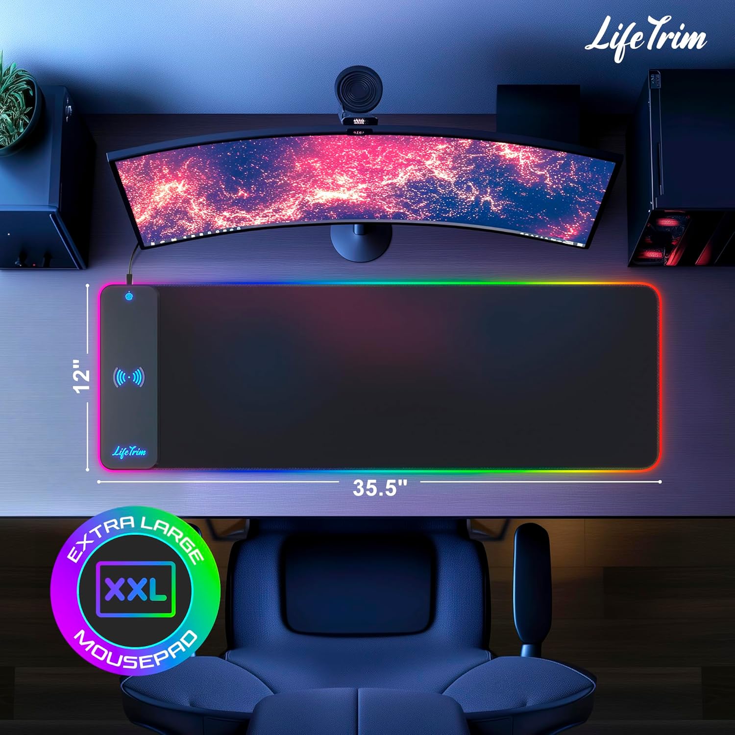 RGB Wireless Charging Gaming Mouse Pad, 35.5 x 12 Inch LED Desk Mat with 10 Lighting Modes, XXL Non-Slip Mousepad with Qi Fast Charging for Keyboard, Mouse, and Phones