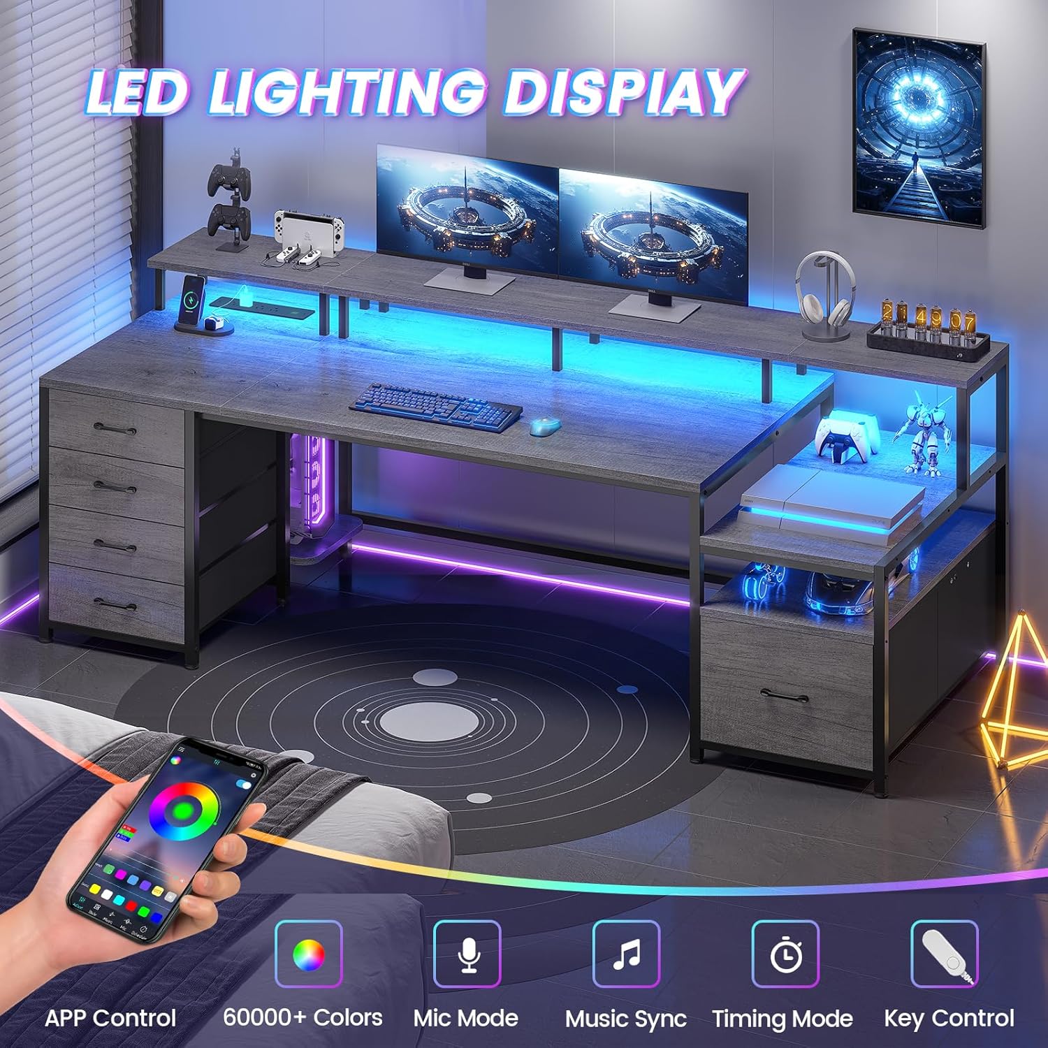 L Shaped Gaming Desk with LED Lights, Monitor Stand, Storage Shelves, and Power Outlets