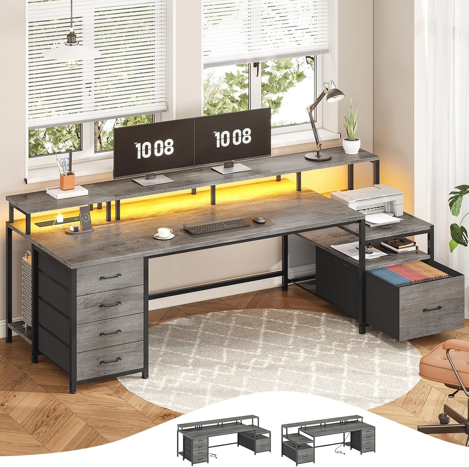 L Shaped Gaming Desk with LED Lights, Monitor Stand, Storage Shelves, and Power Outlets