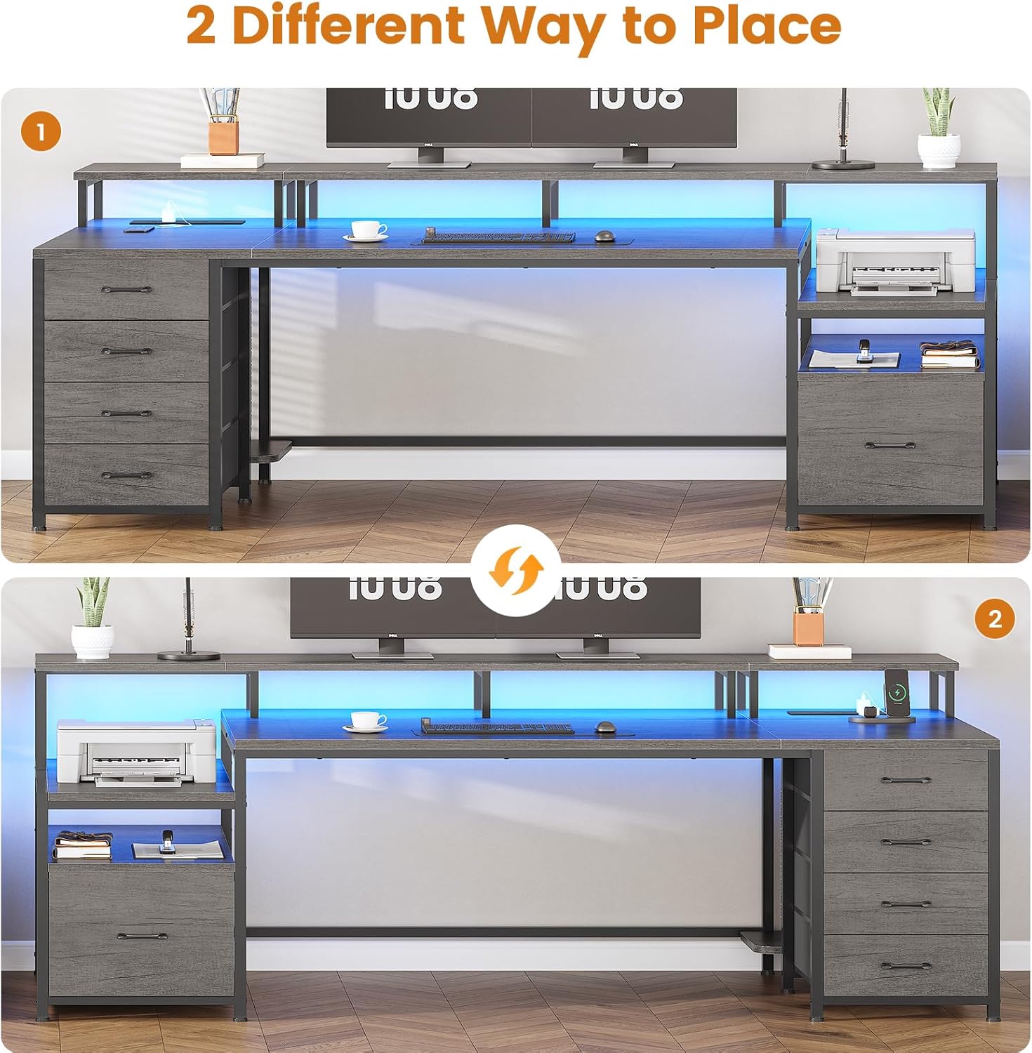 L Shaped Gaming Desk with LED Lights, Monitor Stand, Storage Shelves, and Power Outlets