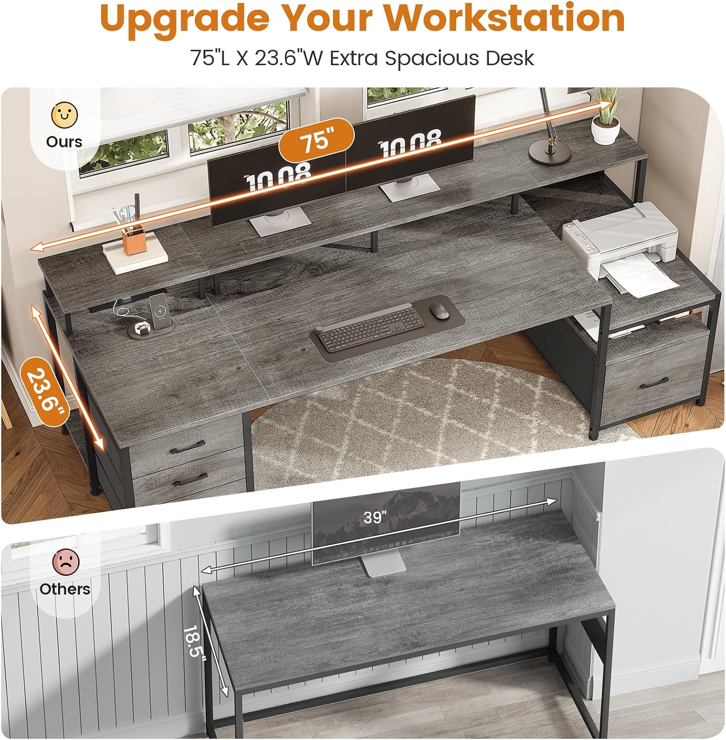 L Shaped Gaming Desk with LED Lights, Monitor Stand, Storage Shelves, and Power Outlets