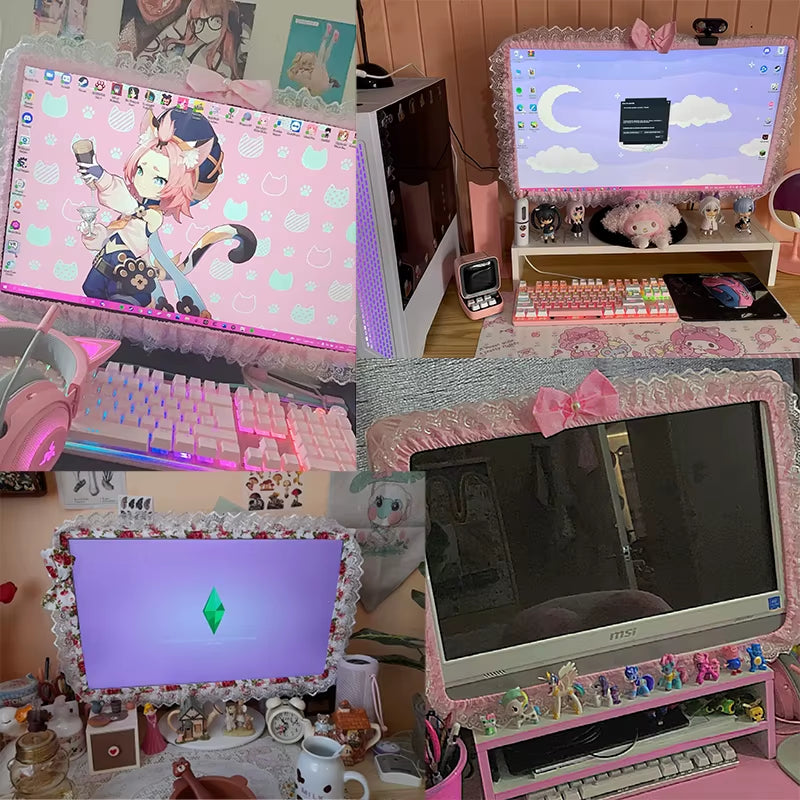 Lace Fabric Computer Monitor Dust Cover with Elastic Fit, Decorative Screen Cover with Pen Pocket and Bow, for 17 to 32 Inch Monitors and Laptop
