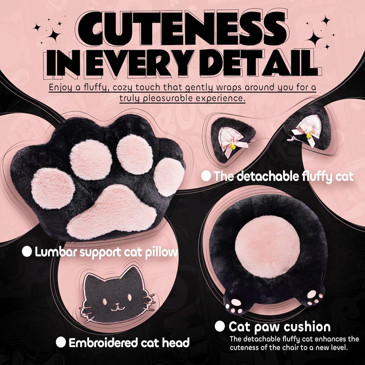 Pink Gaming Chair Cute with Cat Ears Paw Lumbar and Cushion,Ergonomic Computer Chair with Footrest,Reclining PC Game Chair for Girl Computer Chair 300Lbs for Adult