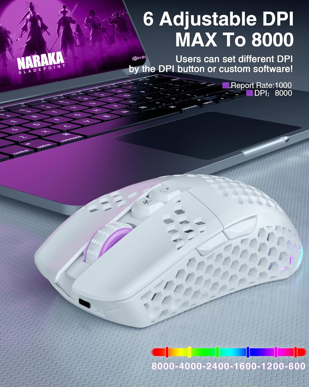 SM600 White Wireless Gaming Mouse, Tri-Mode Connection for PC, Laptop, and Mac