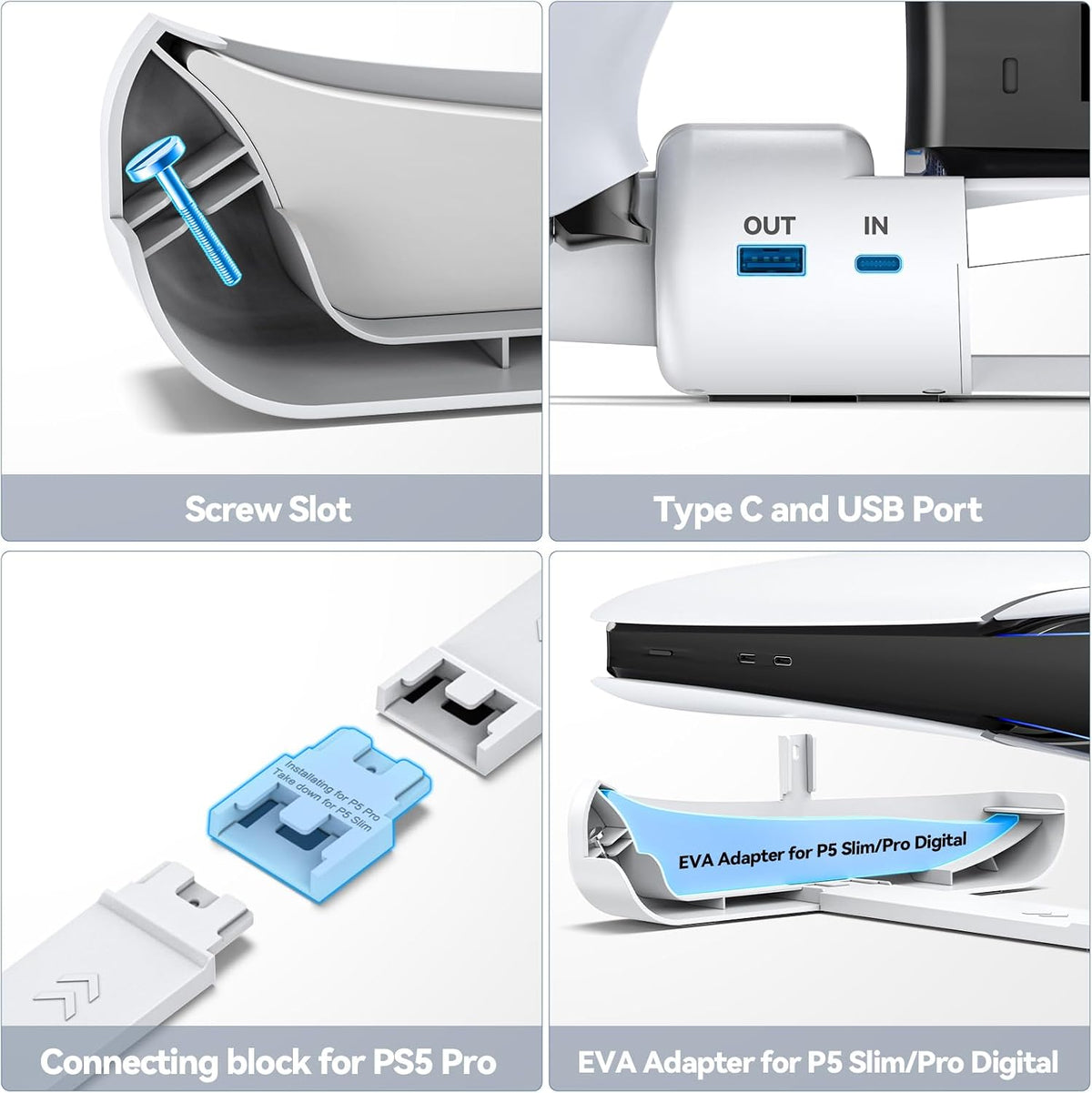 Tokluck PS5 Slim & PS5 Pro Horizontal Cooling Stand, Dual Controller Charger, 3-Speed RGB Fans, White