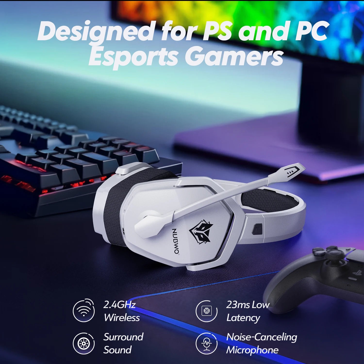 NUBWO G06 Wireless Gaming Headset for PS5 & PC, 100H Battery, 7.1 Surround Sound