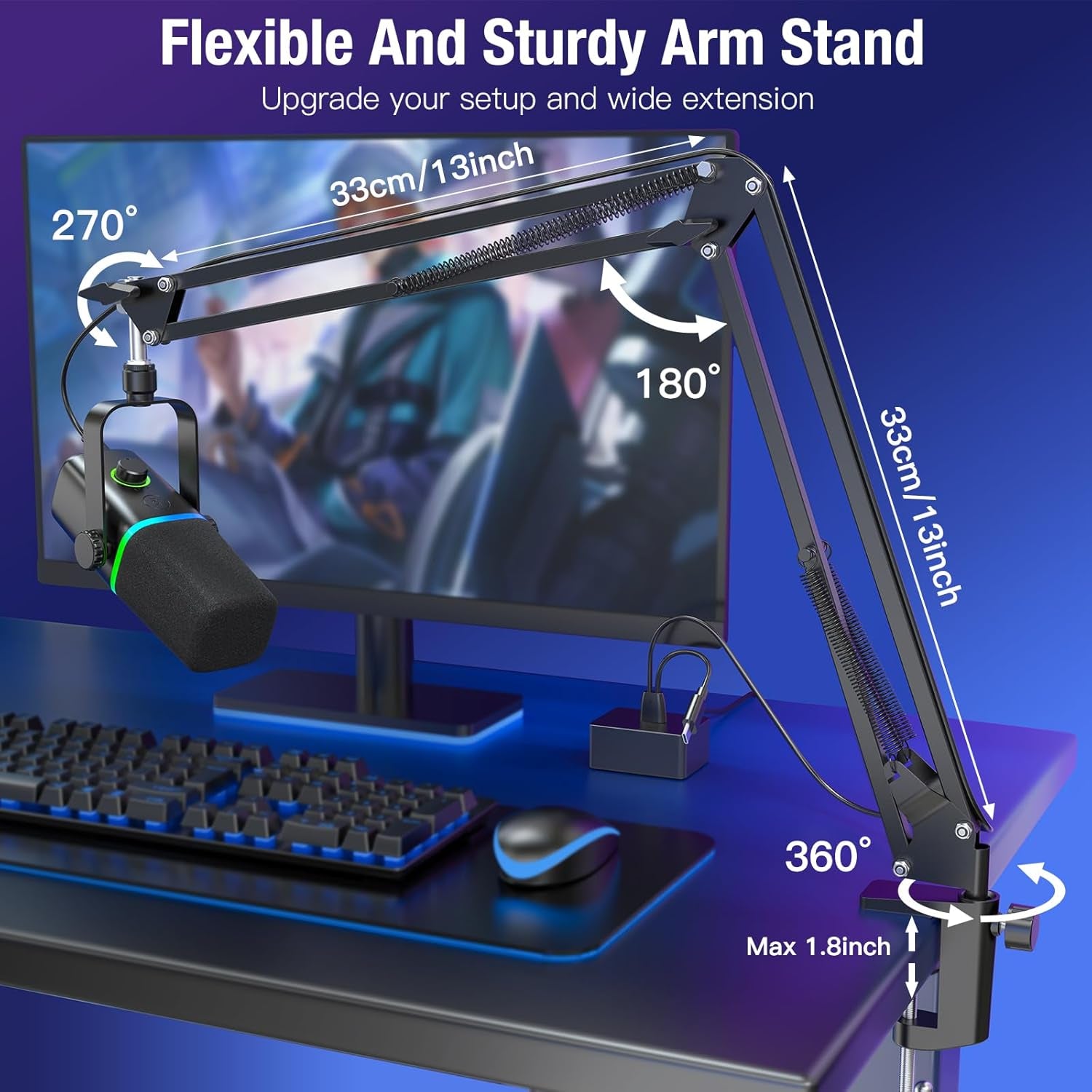 XLR/USB Dynamic Microphone for Gaming Podcast with Boom Stand