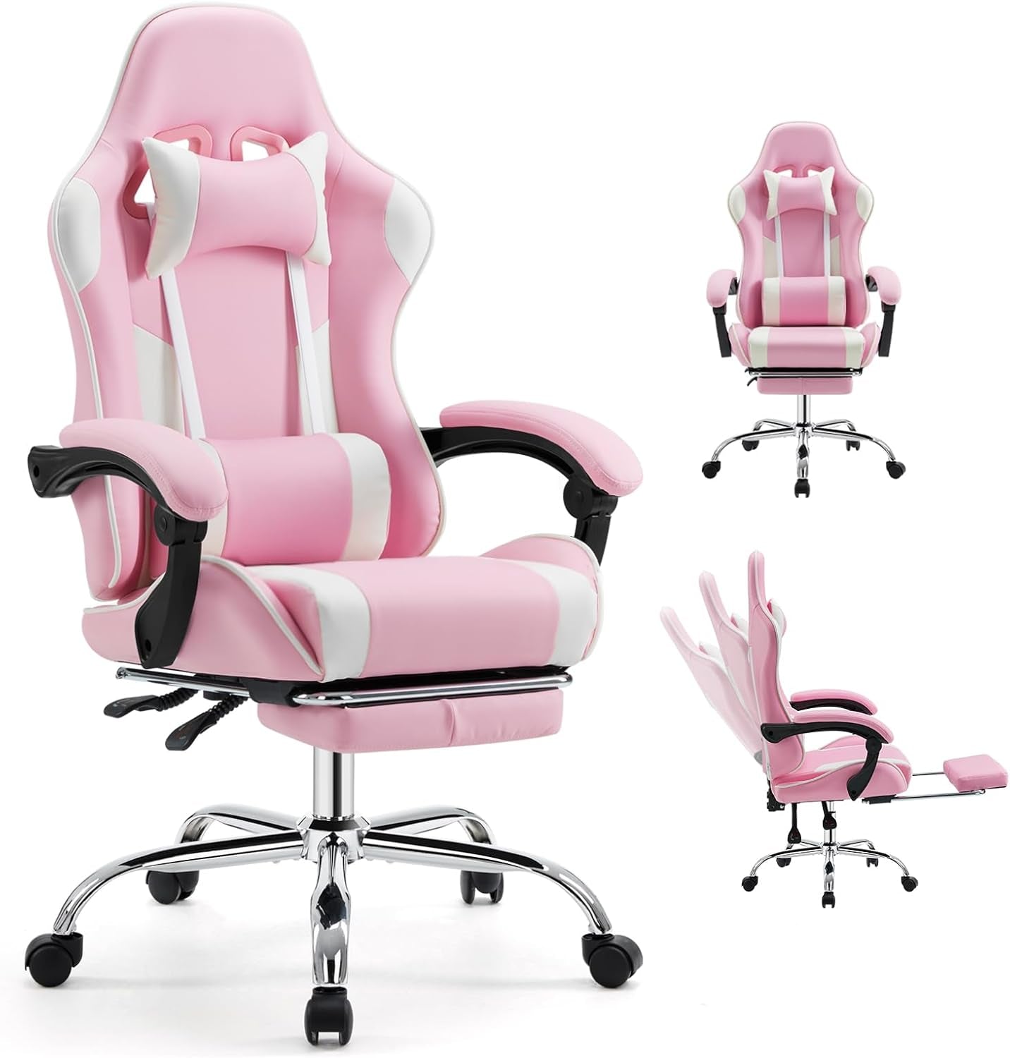 Ergonomic Gaming Office Chair with Footrest and Headrest, PU Leather Reclining Computer Chair with Linkage Armrests, Height Adjustable 360 Degree Swivel Desk Chair, White and Pink