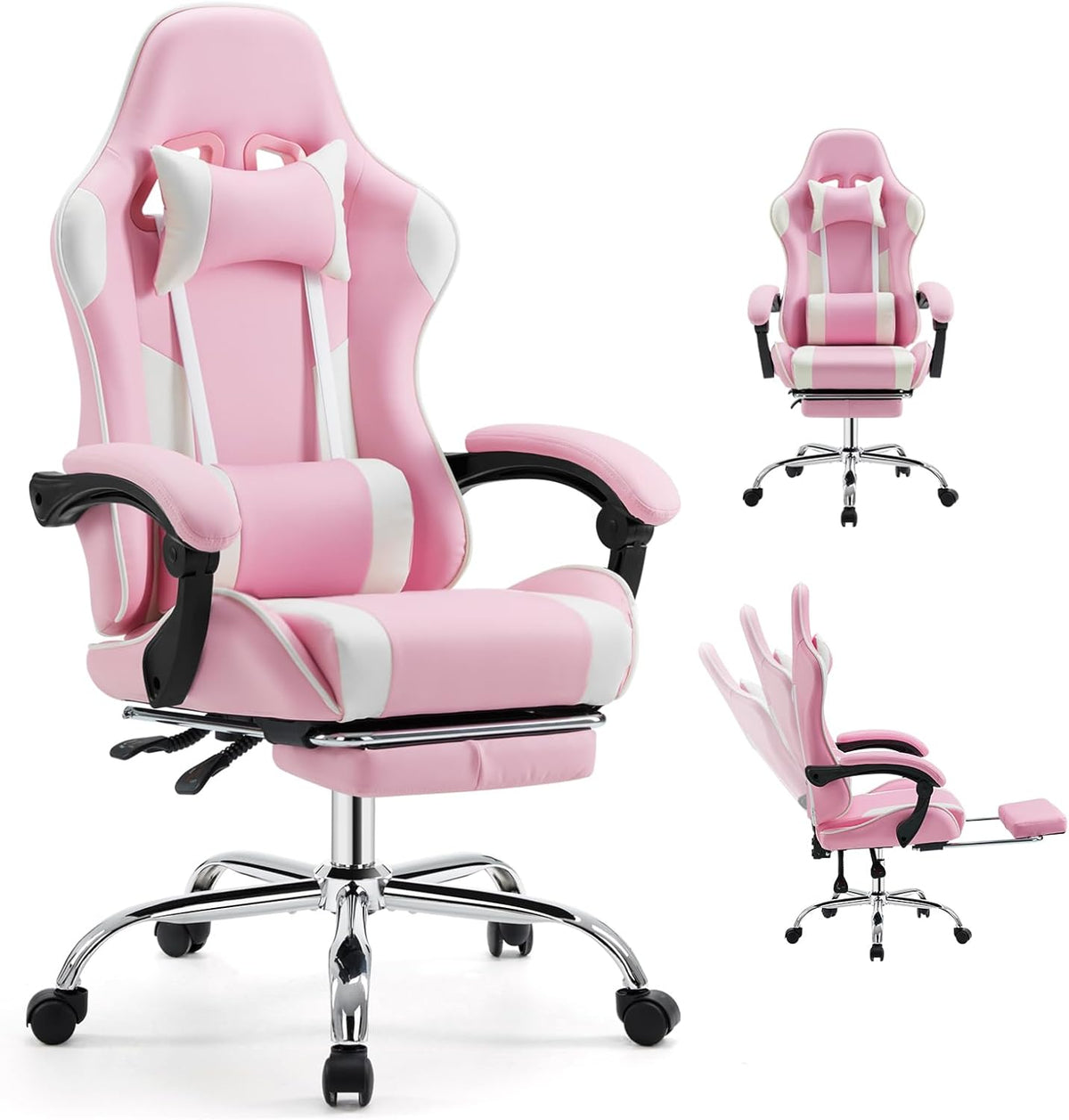 Ergonomic Gaming Office Desk Chair with Footrest and Headrest for Adults, PU Leather Video Computer Chair with Linkage Armrests, Height Adjustable 360° Swivel Recling Chair, White Pink