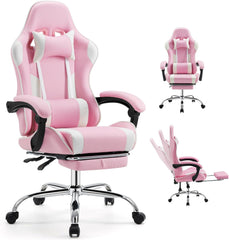 Ergonomic Gaming Office Desk Chair with Footrest and Headrest for Adults, PU Leather Video Computer Chair with Linkage Armrests, Height Adjustable 360° Swivel Recling Chair, White Pink