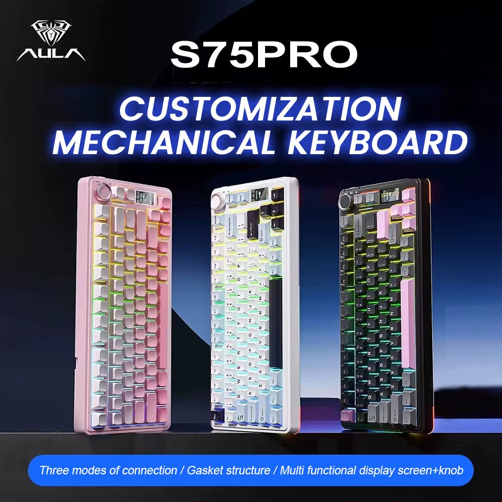 S75 Pro Gaming Mechanical Keyboard 75% Hot Swappable RGB Backlit 4000Mah PBT Keycaps Wireless Keyboard with LED Screen Knob