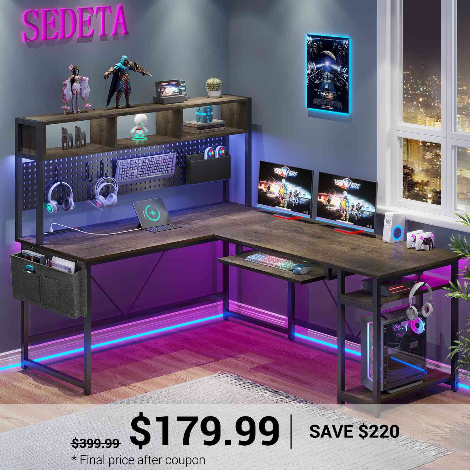 67 Inch L Shaped Gaming Desk Reversible Computer Desk with Led Lights Power Outlet Pegboard