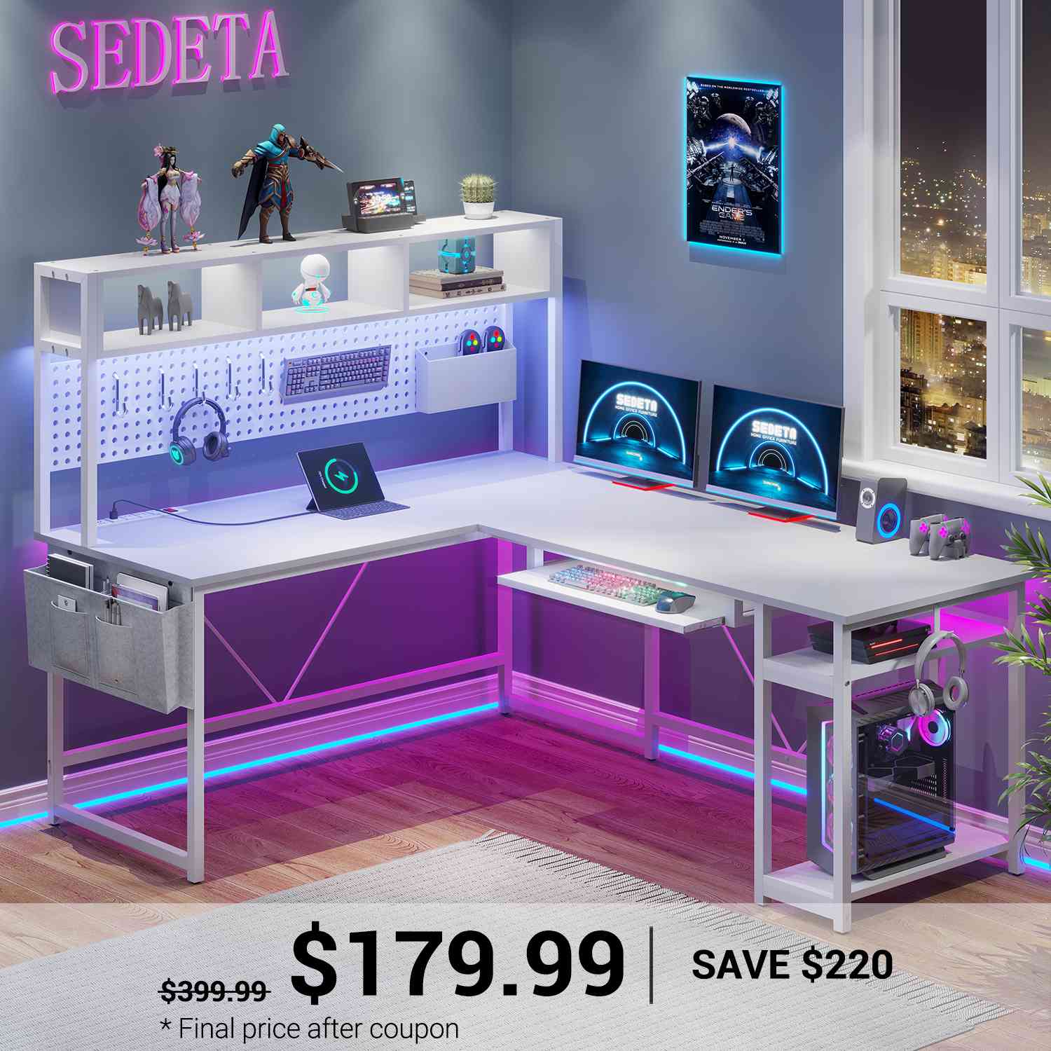 67 Inch L Shaped Gaming Desk Reversible Computer Desk with Led Lights Power Outlet Pegboard