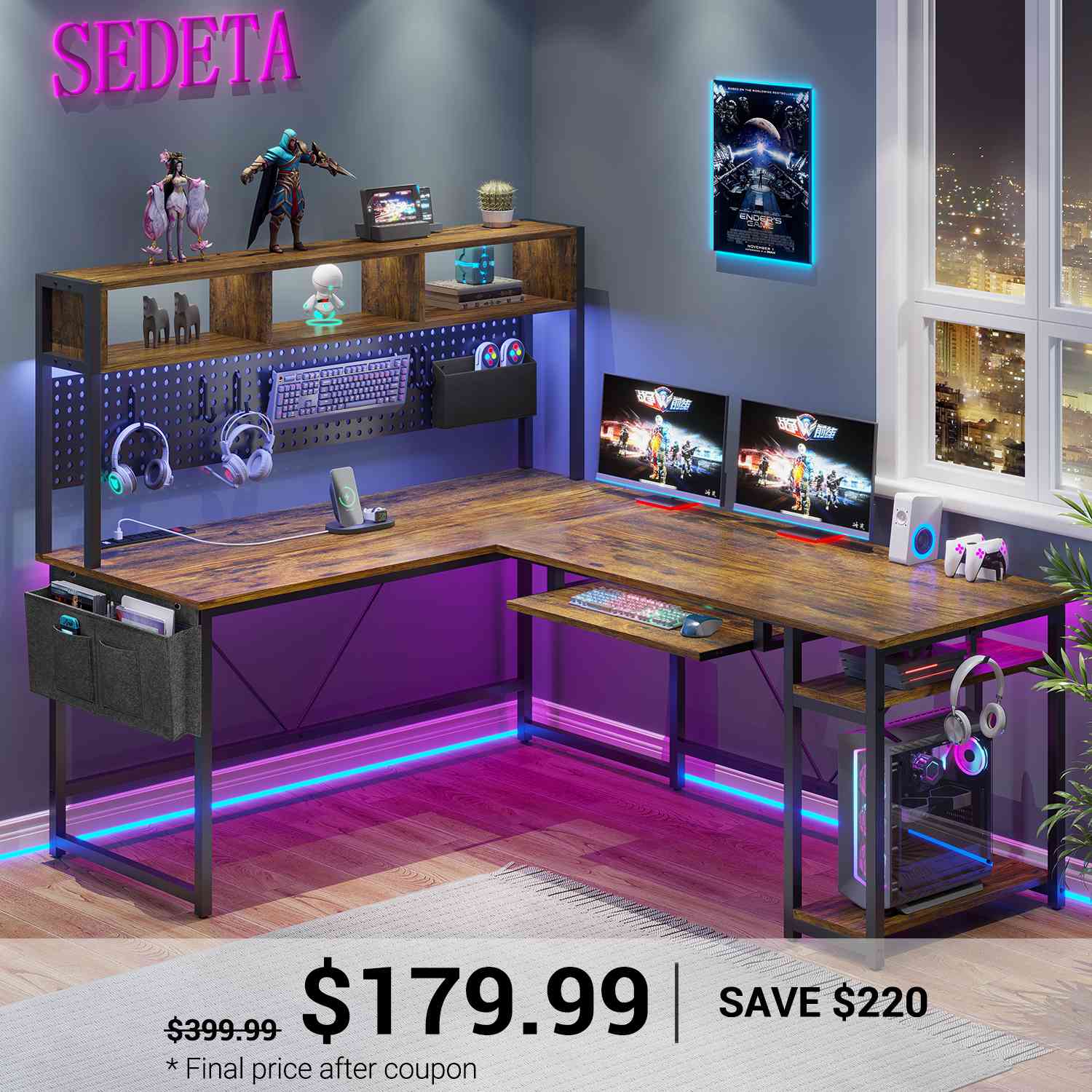 67 Inch L Shaped Gaming Desk Reversible Computer Desk with Led Lights Power Outlet Pegboard