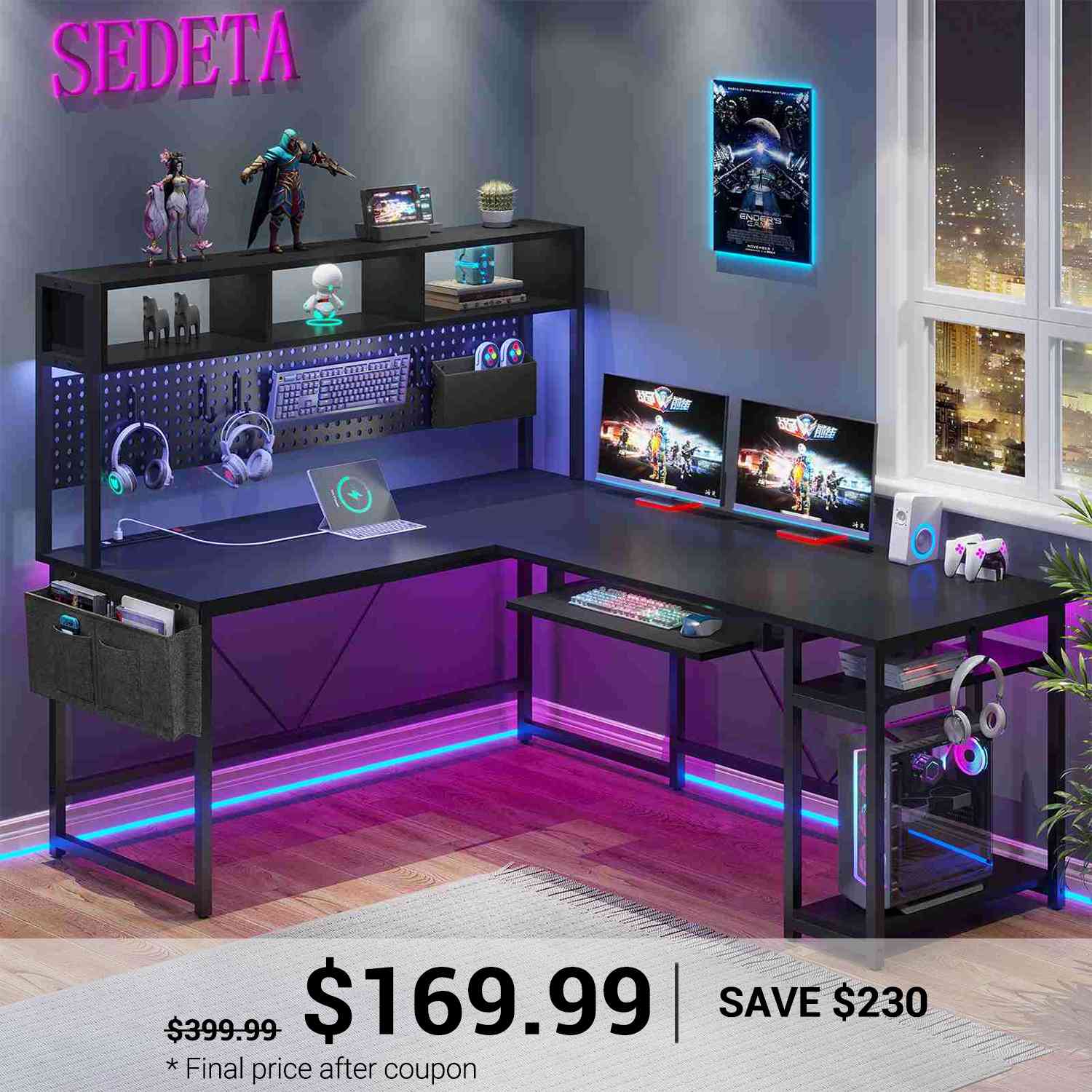 67 Inch L Shaped Gaming Desk Reversible Computer Desk with Led Lights Power Outlet Pegboard