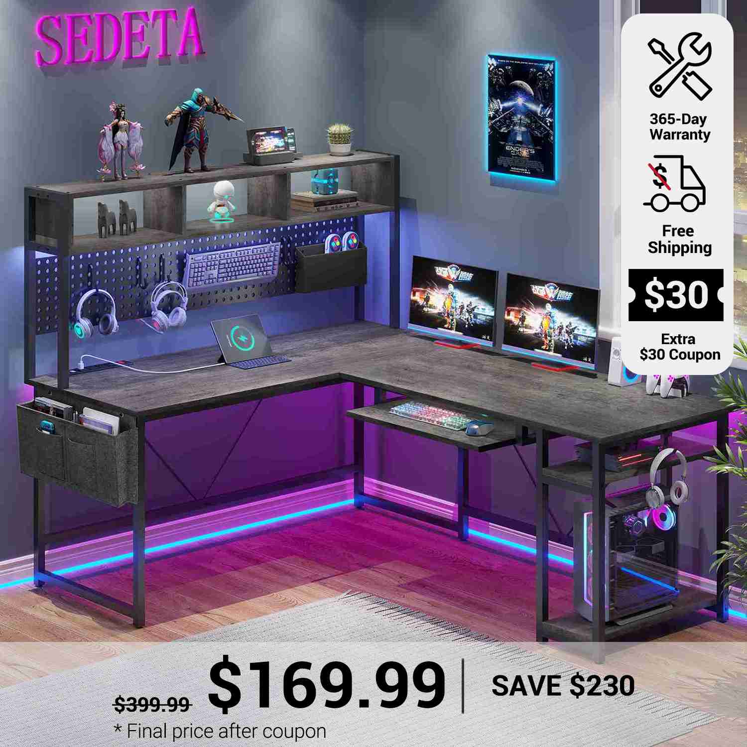 67 Inch L Shaped Gaming Desk Reversible Computer Desk with Led Lights Power Outlet Pegboard
