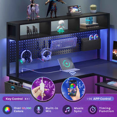 67 Inch L Shaped Gaming Desk Reversible Computer Desk with Led Lights Power Outlet Pegboard