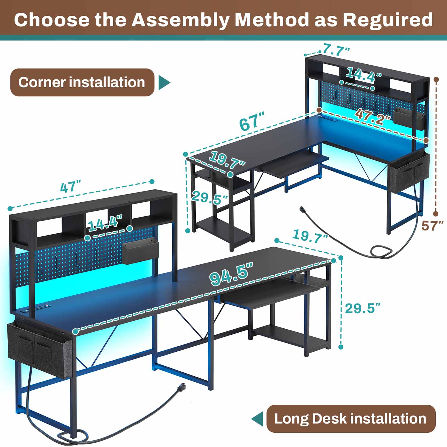 67 Inch L Shaped Gaming Desk Reversible Computer Desk with Led Lights Power Outlet Pegboard