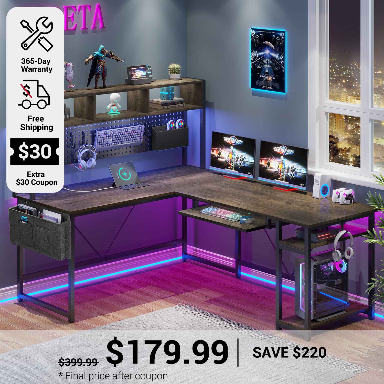 67 Inch L Shaped Gaming Desk Reversible Computer Desk with Led Lights Power Outlet Pegboard