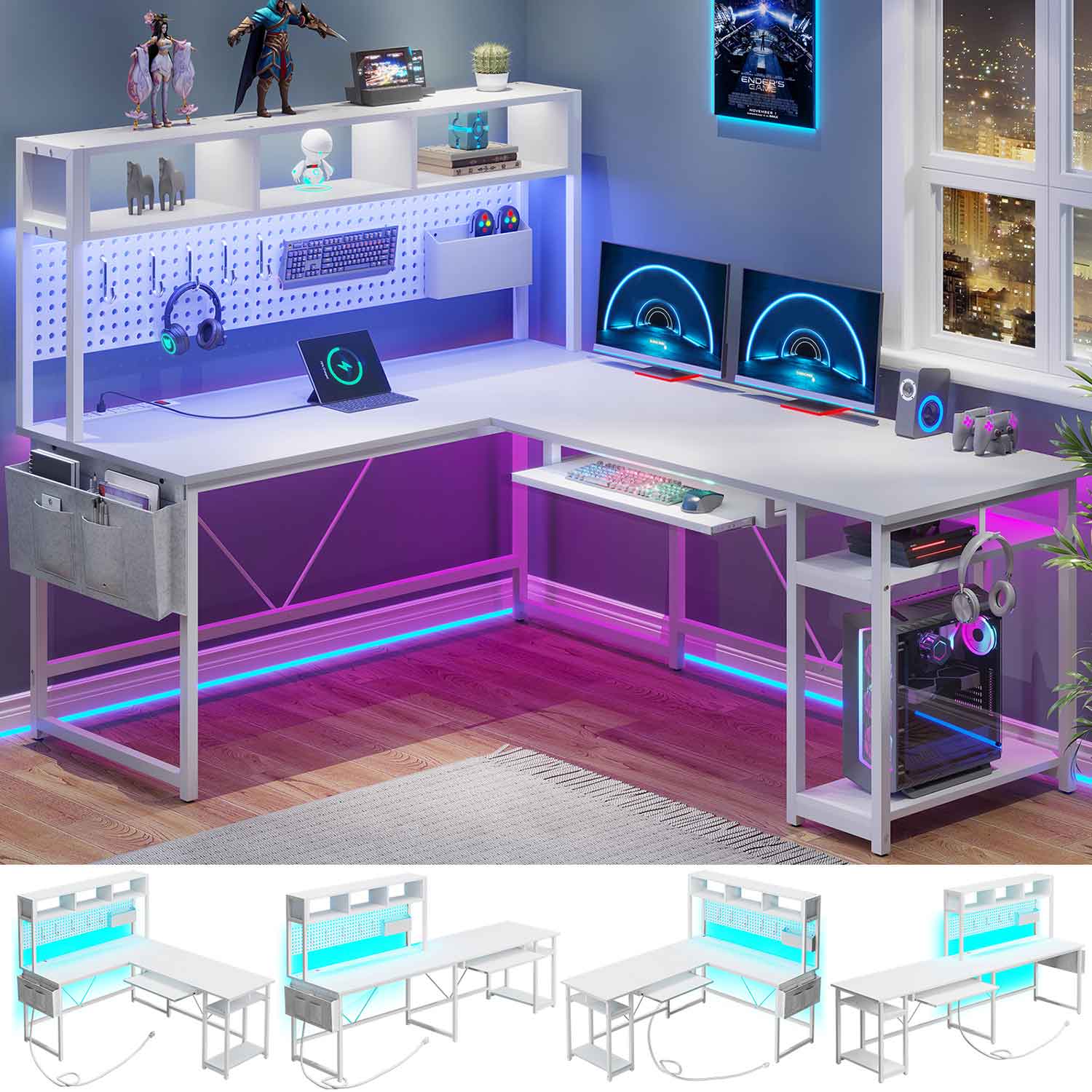 67 Inch L Shaped Gaming Desk Reversible Computer Desk with Led Lights Power Outlet Pegboard