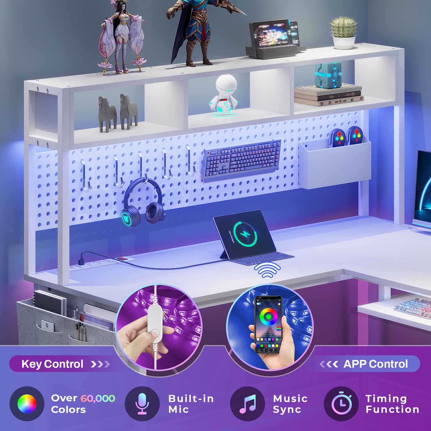 67 Inch L Shaped Gaming Desk Reversible Computer Desk with Led Lights Power Outlet Pegboard