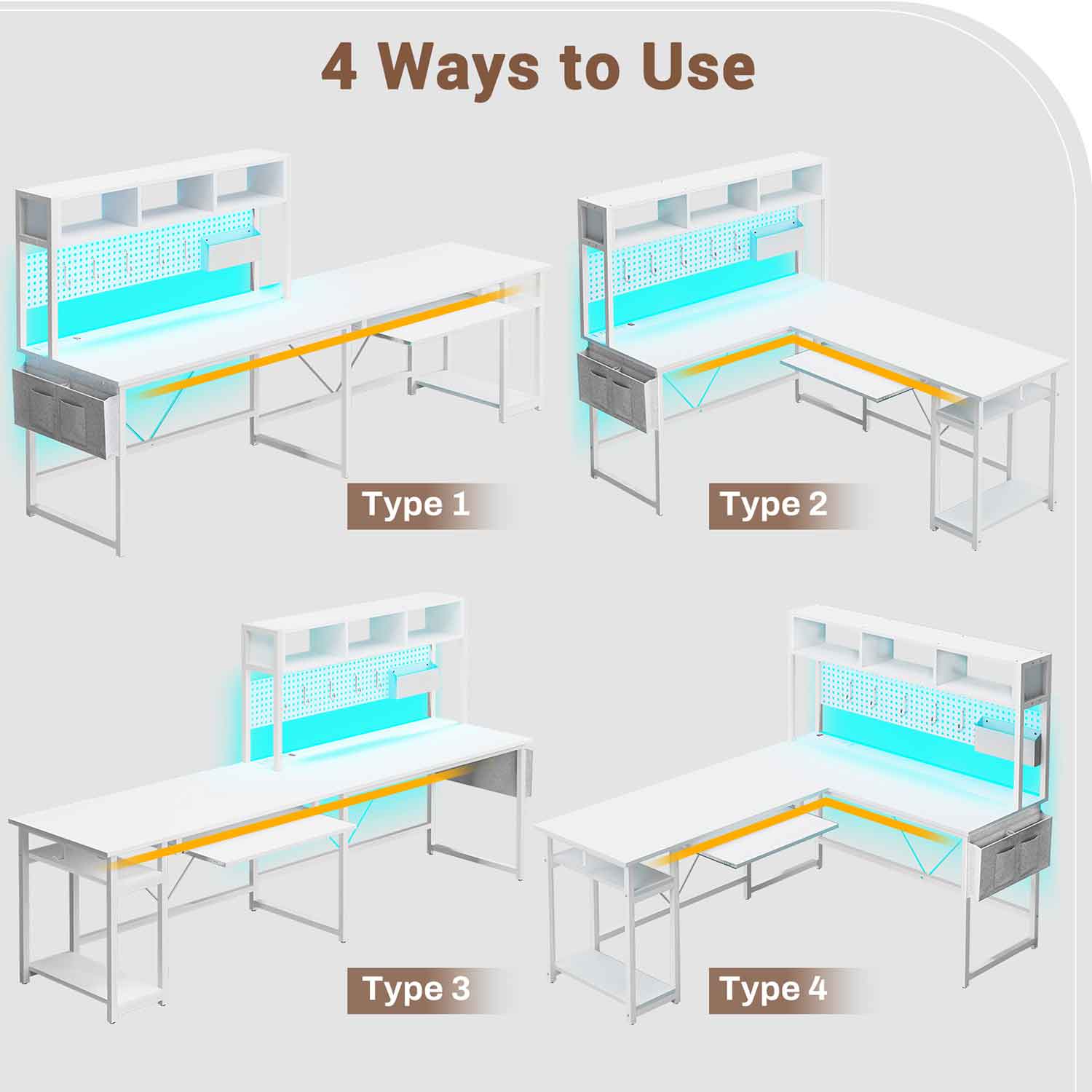 67 Inch L Shaped Gaming Desk Reversible Computer Desk with Led Lights Power Outlet Pegboard