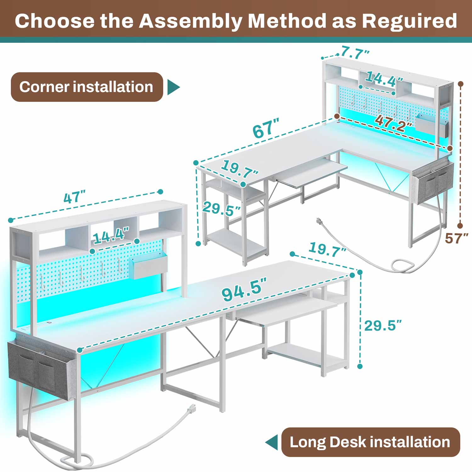 67 Inch L Shaped Gaming Desk Reversible Computer Desk with Led Lights Power Outlet Pegboard