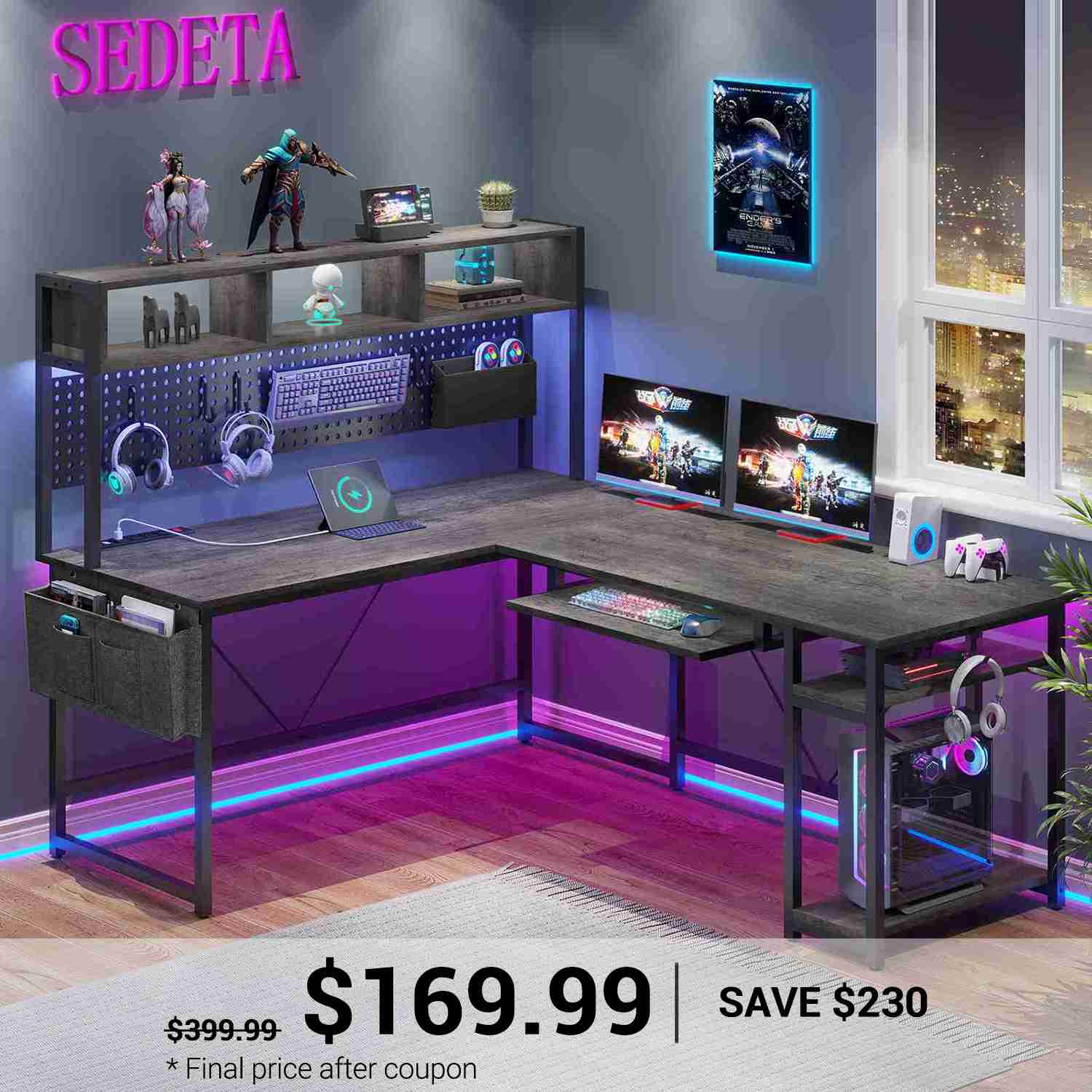 67 Inch L Shaped Gaming Desk Reversible Computer Desk with Led Lights Power Outlet Pegboard