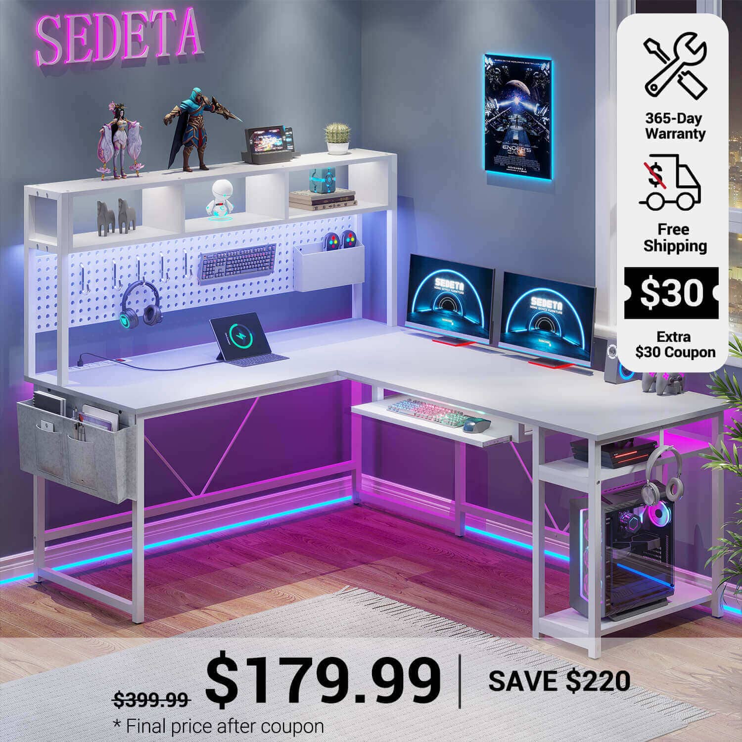 67 Inch L Shaped Gaming Desk Reversible Computer Desk with Led Lights Power Outlet Pegboard