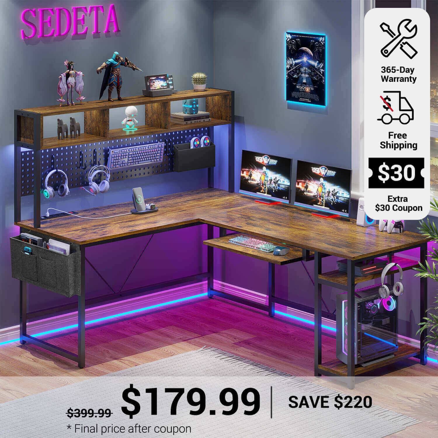 67 Inch L Shaped Gaming Desk Reversible Computer Desk with Led Lights Power Outlet Pegboard