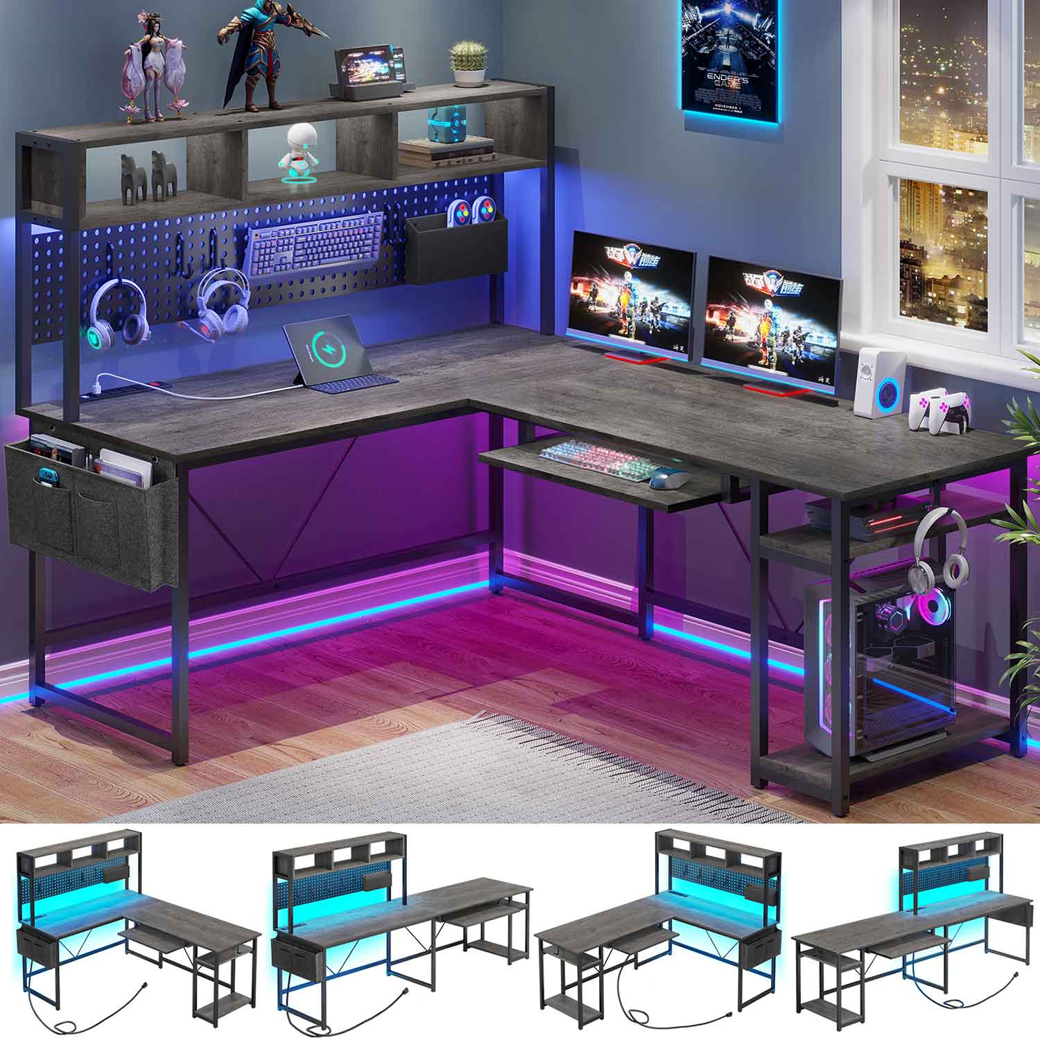 67 Inch L Shaped Gaming Desk Reversible Computer Desk with Led Lights Power Outlet Pegboard