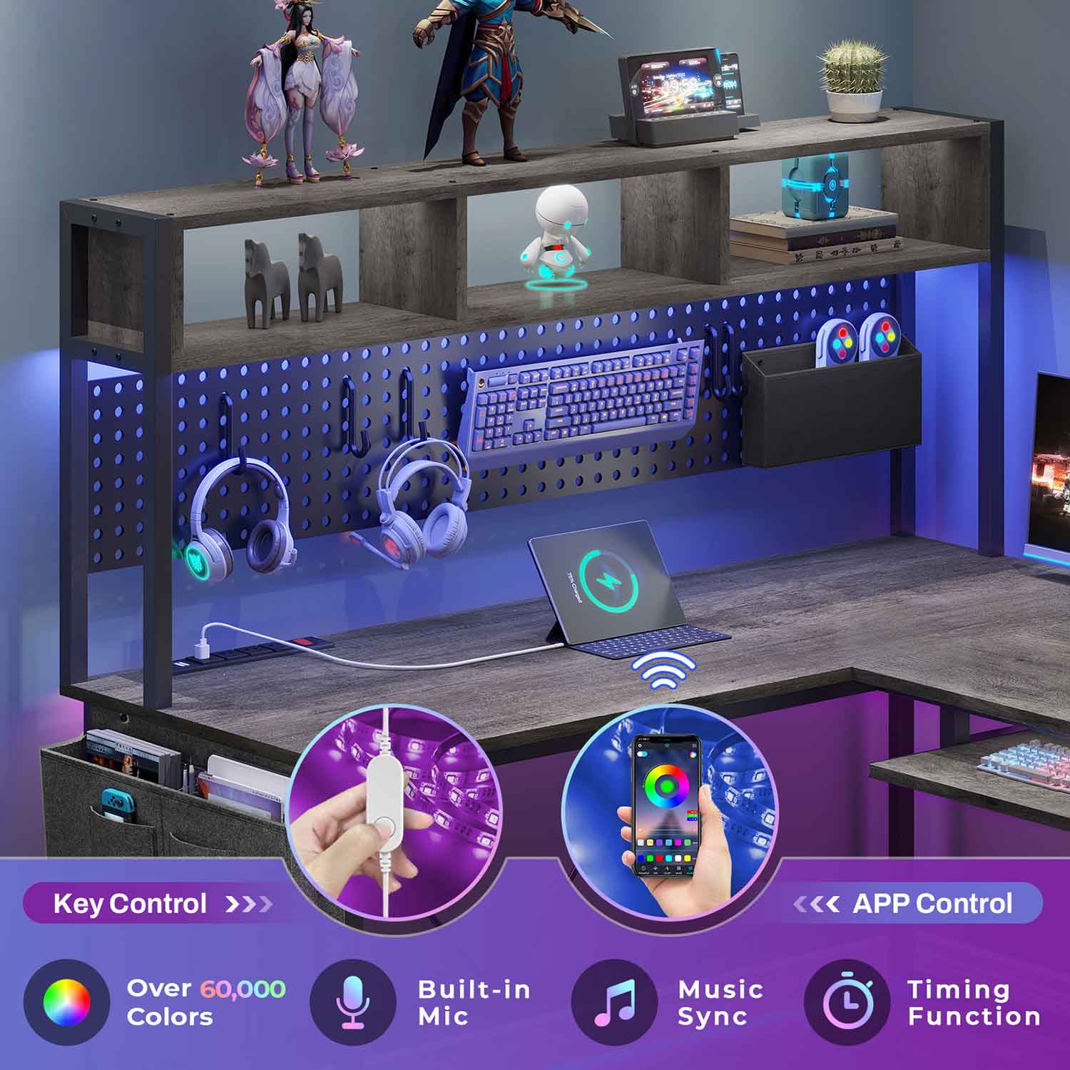 67 Inch L Shaped Gaming Desk Reversible Computer Desk with Led Lights Power Outlet Pegboard