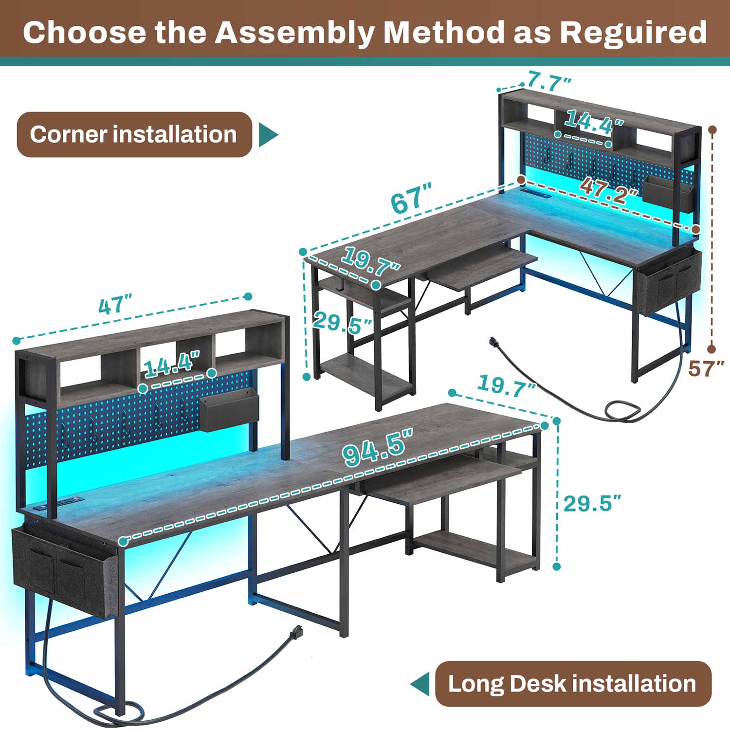 67 Inch L Shaped Gaming Desk Reversible Computer Desk with Led Lights Power Outlet Pegboard