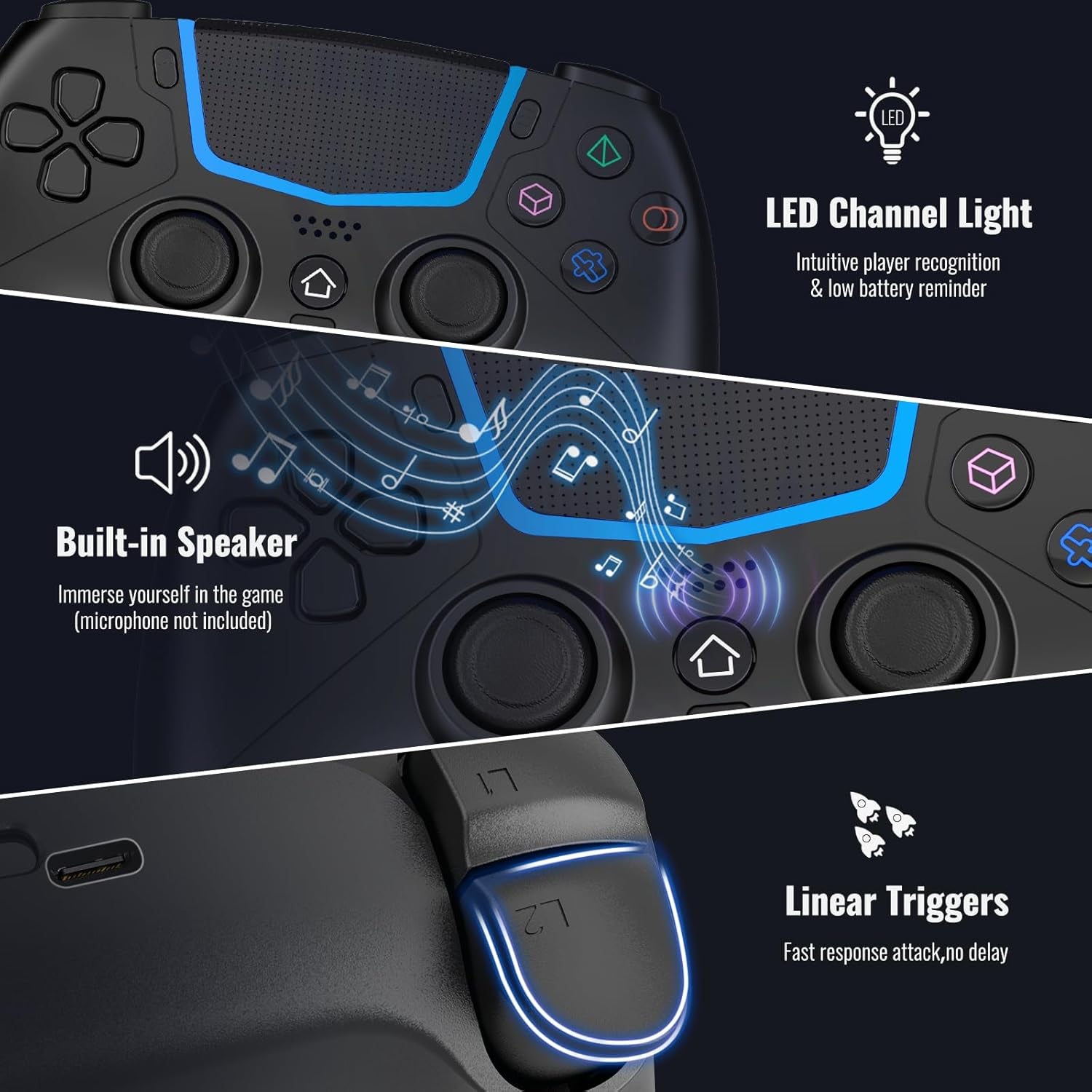 Wireless Gaming Controller for PS5, PS5 Pro, PS5 Slim, and PC, Bluetooth 5.3 Gamepad with Hall Effect Joysticks, LED Light Bar, Turbo, 6-Axis Motion Control, Dual Vibration, Touchpad, 3.5mm Audio Jack and Speaker, Black
